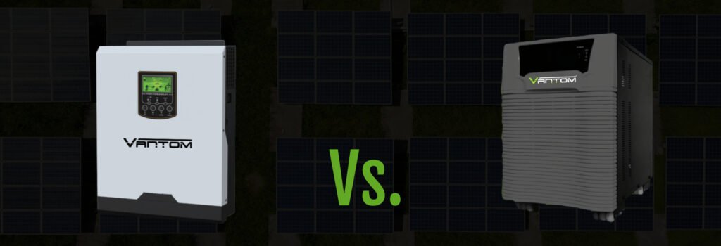 Two solar inverters, a light gray one and a dark gray one, are displayed side-by-side, with solar panels in the background, contrasting their features.