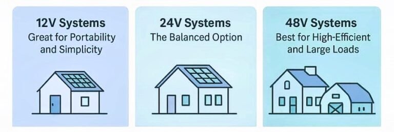 Comparison of 12V, 24V, and 48V solar systems, depicted by simple illustrations of houses with solar panels on their roofs, categorized by system voltage and suitability.