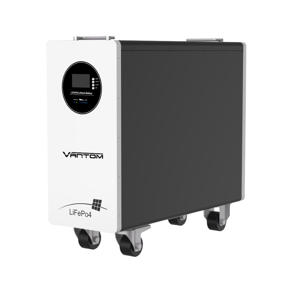 Mobile lithium battery storage unit with a white front panel, black back panel, and four wheels.