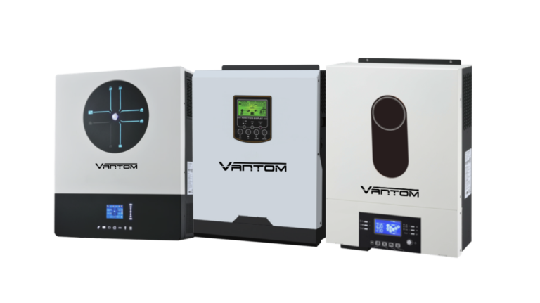 Three Vantum solar inverters, each with a digital display and branding, are shown.