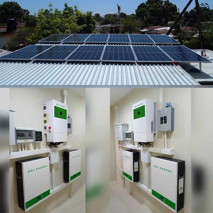 Solar panels on a rooftop and GSL Energy inverters and battery systems mounted on a wall.