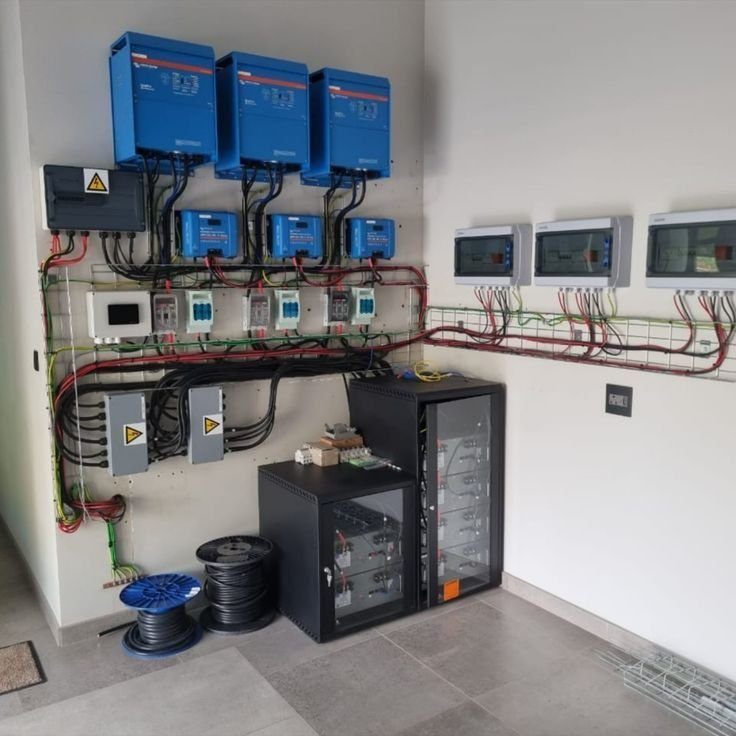 Interior view of a complex solar energy system with multiple inverters, battery banks, and monitoring equipment.